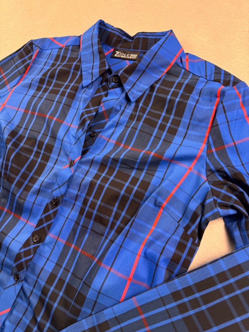 NYC Womens 7th Ave Button Front Shirt Blue Long Sleeve Top Size Medium Plaid